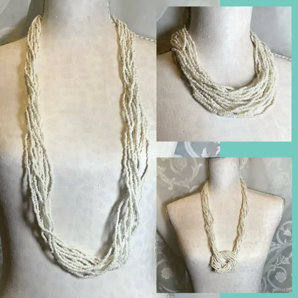 Multi-strand White Seed Bead Necklace Erica Lyons 37” - 41” Adjustable Versatile